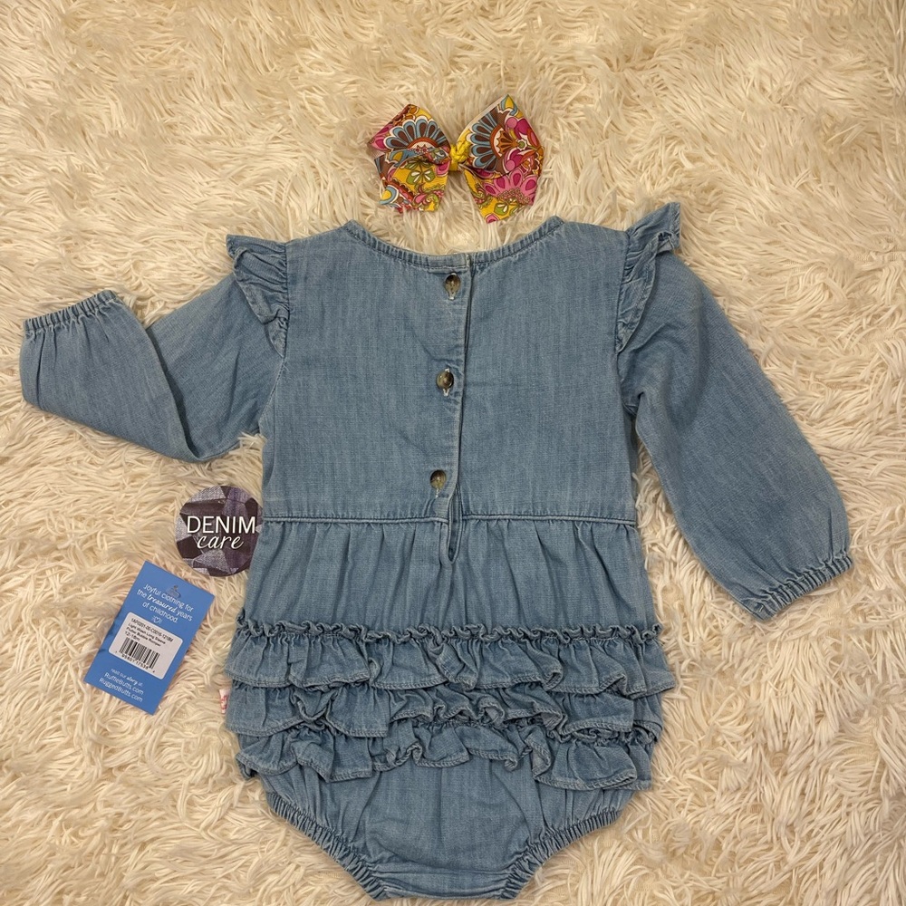 NWT Ruffle Butts Light Wash Long Sleeve Flutter Bubble Romper